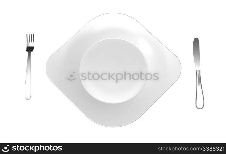 Knife, white plate and fork on white, 3d render