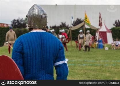 Knight in Battle with Silver Helmets and Shield: Medieval Event Reconstruction