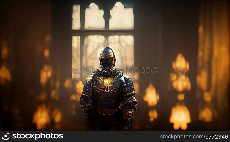 Knight in castle hall, in black and golden armor. Knight in front of castle