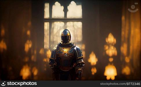 Knight in castle hall, in black and golden armor. Knight in front of castle