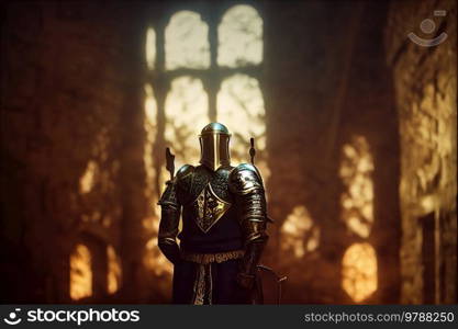 Knight in castle hall, in black and golden armor. Knight in front of castle