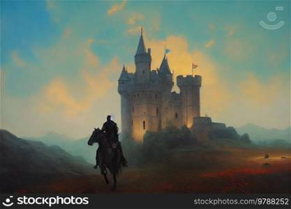 Knight in front of medieval castle, fantasy background. Pastel colored landscape