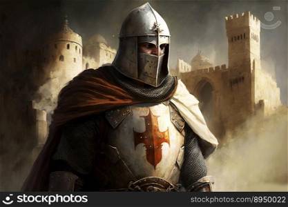 Knights are a warrior in armor and helmets.Ancient Jerusalemn in the background created by generative AI