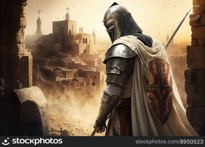 Knights are a warrior in armor and helmets.Ancient Jerusalemn in the background created by generative AI