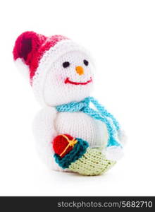 Knitted snowman with christmas santa boot isolated on white