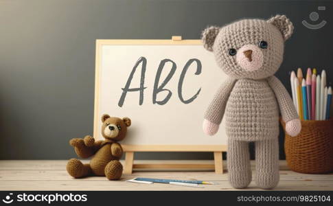 Knitted teddy bear standing beside a small whiteboard with the text ABC. The bear is handmade and has a vintage feel to it, with a soft and fuzzy texture that evokes feelings of comfort and warmth. The whiteboard, on the other hand, adds a modern and educational touch to the scene, as if the bear is a teacher or a student learning the basics of the alphabet. In the background, a set of colored pencils can be seen, ready to be used for more creative endeavors. The overall effect is both playful and educational, reminding us of the joy and wonder of learning new things. AI generative illustration