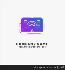 knowledge, book, eye, view, growth Purple Business Logo Template. Place for Tagline.. Vector EPS10 Abstract Template background