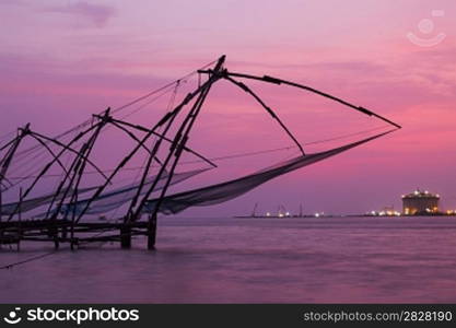 Kochi chinese fishnets on sunset. Fort Kochin, Kochi, Kerala, India