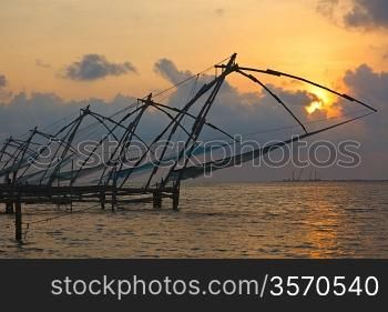 Kochi chinese fishnets on sunset. Fort Kochin, Kochi, Kerala, India