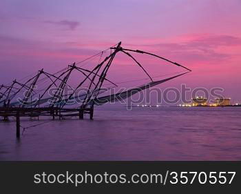 Kochi chinese fishnets on sunset. Fort Kochin, Kochi, Kerala, India