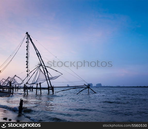 Kochi chinese fishnets on sunset. Fort Kochin, Kochi, Kerala, India