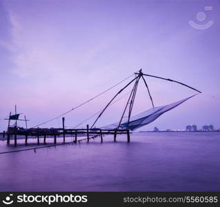 Kochi chinese fishnets on sunset. Fort Kochin, Kochi, Kerala, India