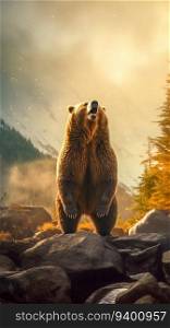 Kodiak Bear Standing Tall on its Hind Legs against the Backdrop of Rugged Alaskan Wilderness. Generative ai. High quality illustration. Kodiak Bear Standing Tall on its Hind Legs against the Backdrop of Rugged Alaskan Wilderness. Generative ai