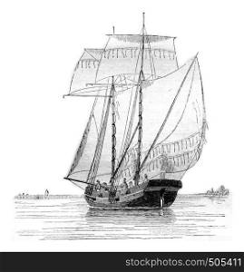 Koff current broad reach, seen by hip portside, vintage engraved illustration. Magasin Pittoresque 1842.