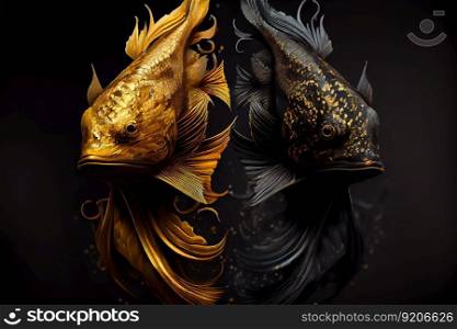 Koi Fish, Gold and Black, on a Dark Background, Generative AI. Koi Fish Background