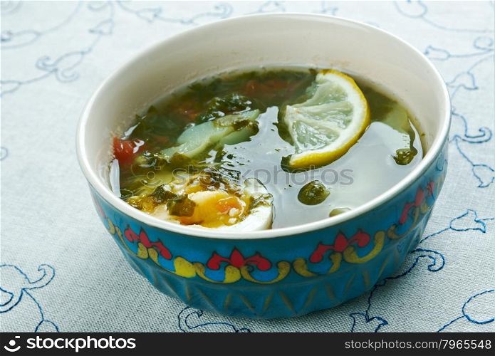 kok-shourpa - Uzbek soup with veal,sorrel and egg