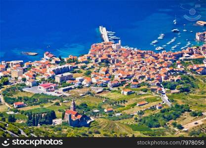 Komiza on Vis island waterfront aerial view, Dalmatia, Croatia