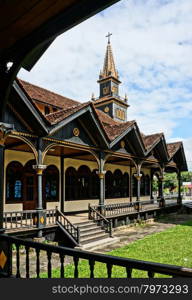 KON TUM, VIET NAM- AUG 22: Kontum wooden church, 100 years old, an ancient cathedral, religion heritage, famous place for travel, amazing architect make wonderful landscape, Vietnam, Aug 22, 2015