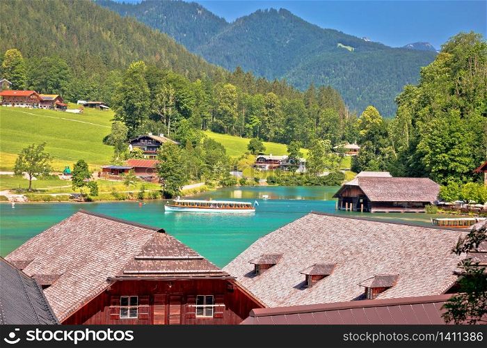 Konigssee Alpine lake coastline view, Berchtesgadener Land, Bavaria, Germany