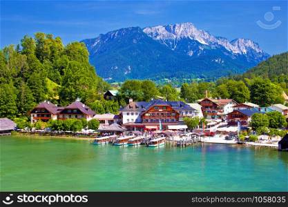 Konigssee Alpine lake wooden village coastline view, Berchtesgadener Land, Bavaria, Germany