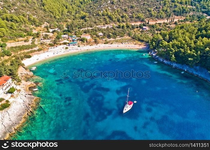 Korcula. Aerial view of Korcula island beach in Pupnatska Luka cove, southern Dalmatia archipelago of Croatia