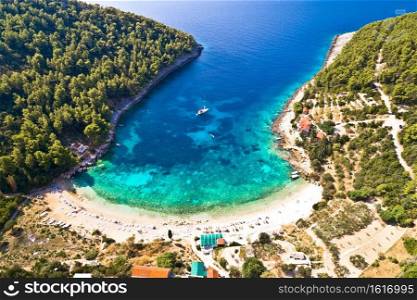 Korcula. Aerial view of Korcula island beach in Pupnatska Luka cove, southern Dalmatia archipelago of Croatia
