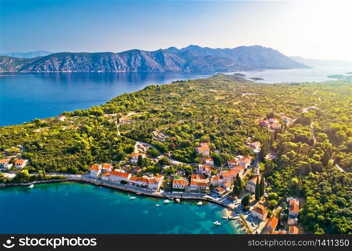 Korcula and Peljesac. Idyllic coastal village of Racisce on Korcula island and Peljesac aerial view, southern Dalmatia region of Croatia
