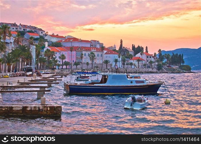 Korcula coastline colorful sunset view, island in archipelago of southern Croatia