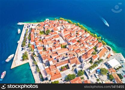 Korcula. Historic town of Korcula aerial panoramic view, island in archipelago of southern Croatia