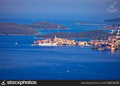 Korcula. Historic town of Korcula in Dalmatia archipelago panoramic view, island in archipelago of southern Croatia
