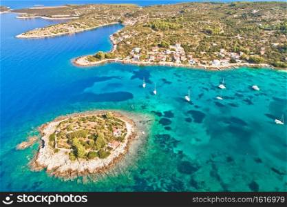 Korcula island. Aerial view of Gradina bay sailing cove on island Korcula, archipelago of Dalmatia, Croatia 