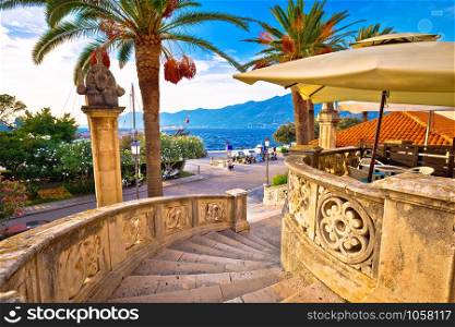 Korcula town gate and historic architecture view, historic tourist destination in archipelago of southern Dalmatia, Croatia