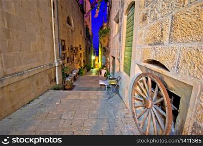 Korcula. Town of Korcula steep narrow stone street colorful evening view, archipelago of southern Dalmatia, Croatia