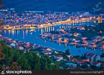 Korcula. Town of Vela Luka evening panoramic view, island of Korcula, Dalmatia region of Croatia