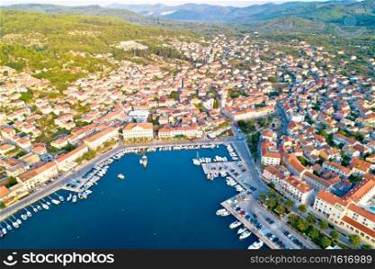 Korcula. Town of Vela Luka on Korcula island waterfront aerial view, archipelago of southern Dalmatia, Croatia