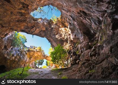 Korcula. Vela spilja cave in Vela Luka on Korcula island view. Amazing landscape of Dalmatia region of Croatia.