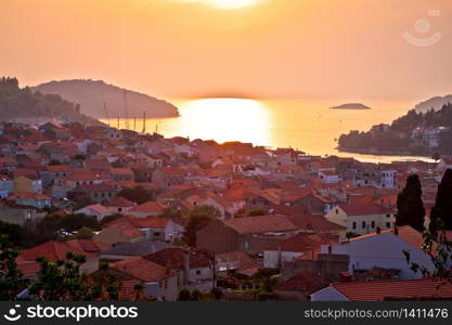 Korcula. Waterfront of Vela Luka sunset view, island of Korcula, Dalmatia region of Croatia