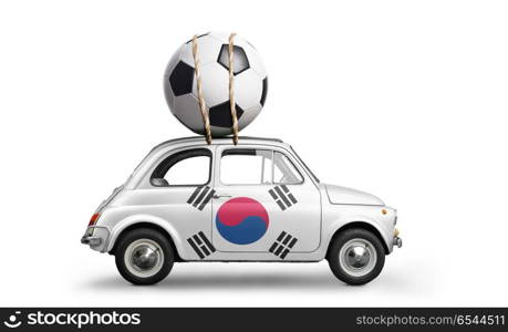 Korea football car. Korea flag on car delivering soccer or football ball isolated on white background