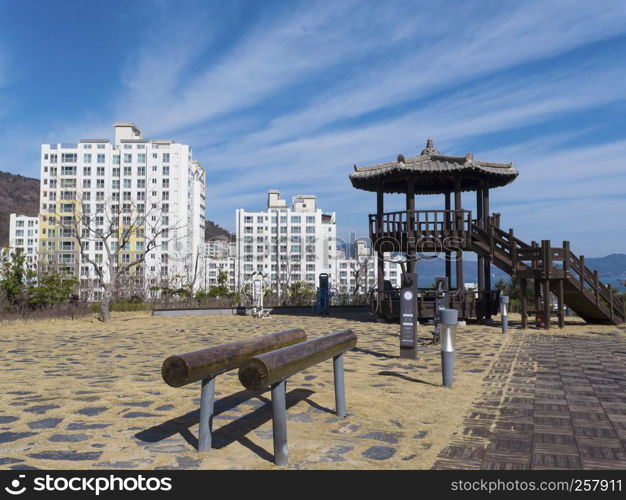 Korean traditional arbor in Yeosu city. South Korea