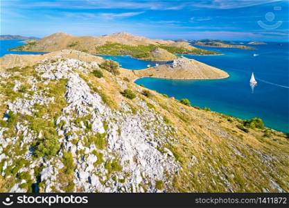 Kornati archipelago national park. Amazing stone desert scenery on Kornati islands and blue Adriatic sea. Dalmatia region of Croatia