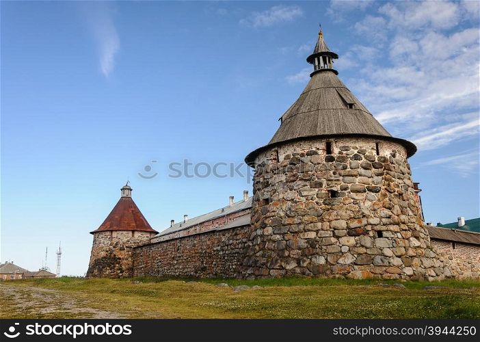 Korozhnaya and Nikolskaya tower of Solovetsky monastery on Solovki (Solovetsky archipelago), sunny summer day