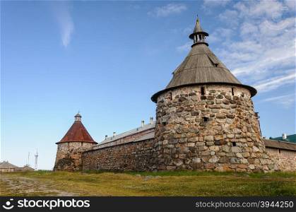 Korozhnaya and Nikolskaya tower of Solovetsky monastery on Solovki (Solovetsky archipelago), sunny summer day