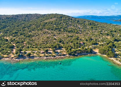 Kosirna beach and turquoise bay on Murter island aerial view, Dalmatia archipelago of Croatia