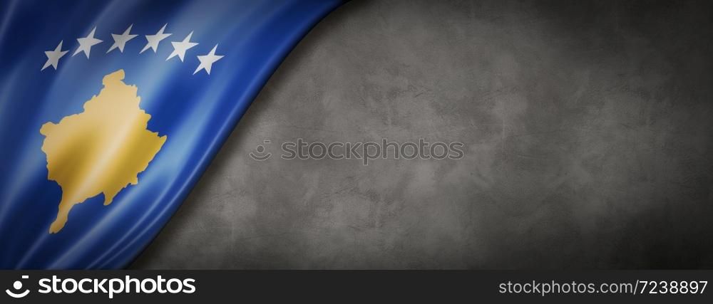 Kosovo flag on concrete wall. Horizontal panoramic banner. 3D illustration. Kosovo flag on concrete wall banner