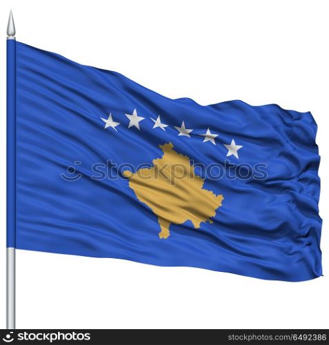 Kosovo Flag on Flagpole , Flying in the Wind, Isolated on White Background