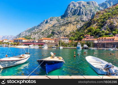 Kotor marina with boats and yachts, beautiful harbour view, Montenegro.