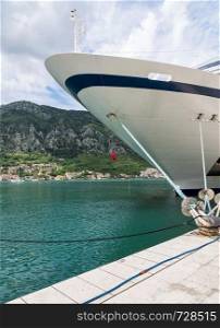 KOTOR, MONTENEGRO - 21 MAY 2019: Prow of Viking Star in Kotor, Montenegro. Viking Star bow in port of Kotor Montenegro