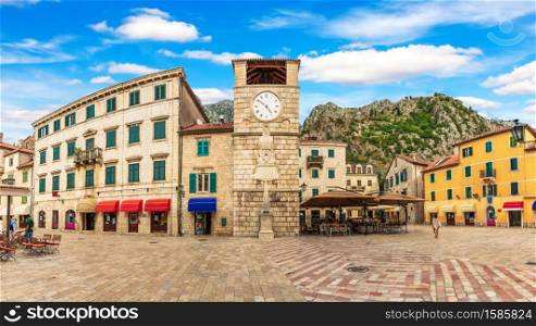 Kotor Old Town Clock Tower panorama, Montenegro.