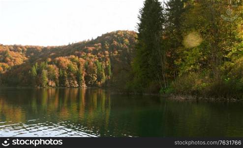 Kozjak Lake at Autumn Plitvice, National Park in Croatia, UNESCO world heritage. View from boat. Autumn Plitvice Lakes