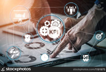 KPI Key Performance Indicator for Business Concept - Modern graphic interface showing symbols of job target evaluation and analytical numbers for marketing KPI management.